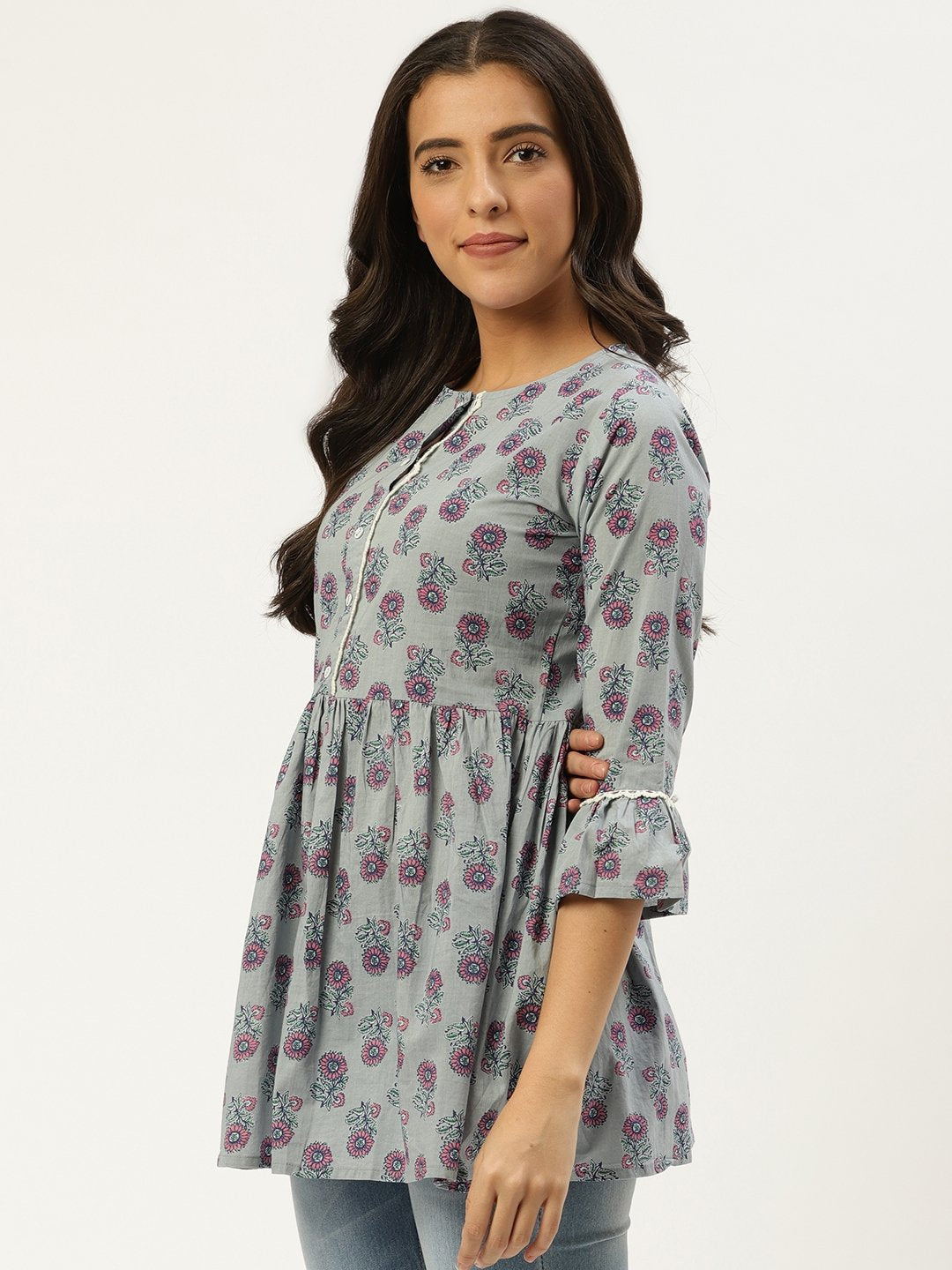 Women Grey  Printed Flared Floral Pure Cotton Kurti | LASVINI - Redefining Indian Fashion with Elegance