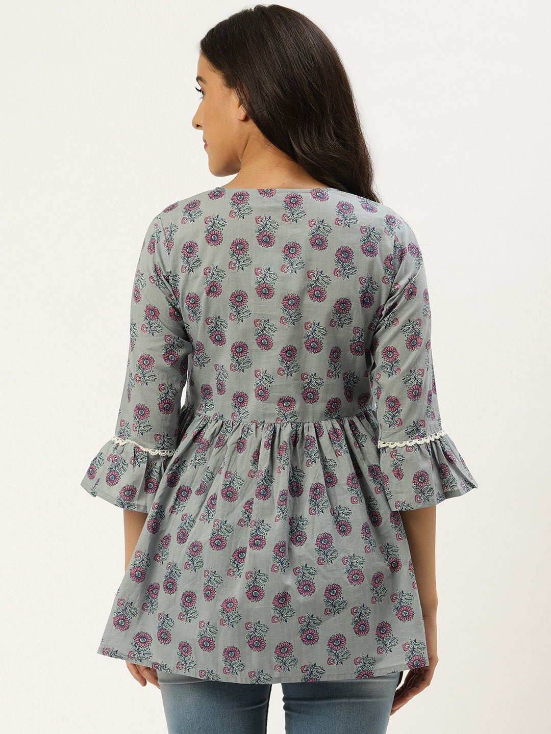 Women Grey  Printed Flared Floral Pure Cotton Kurti | LASVINI - Redefining Indian Fashion with Elegance