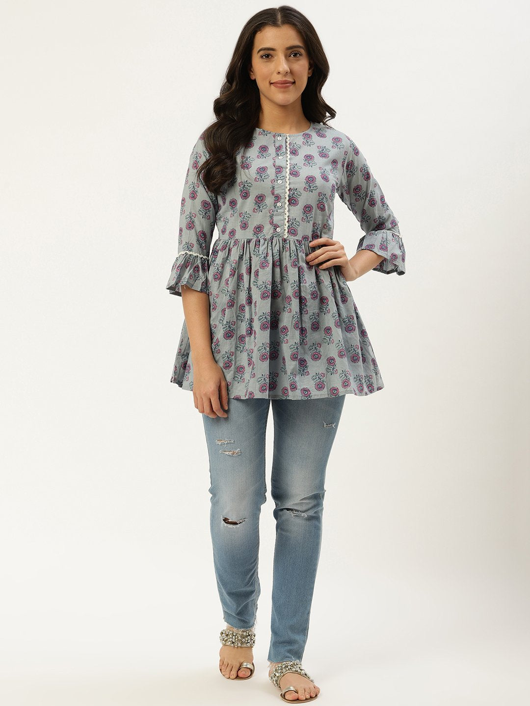 Women Grey  Printed Flared Floral Pure Cotton Kurti | LASVINI - Redefining Indian Fashion with Elegance