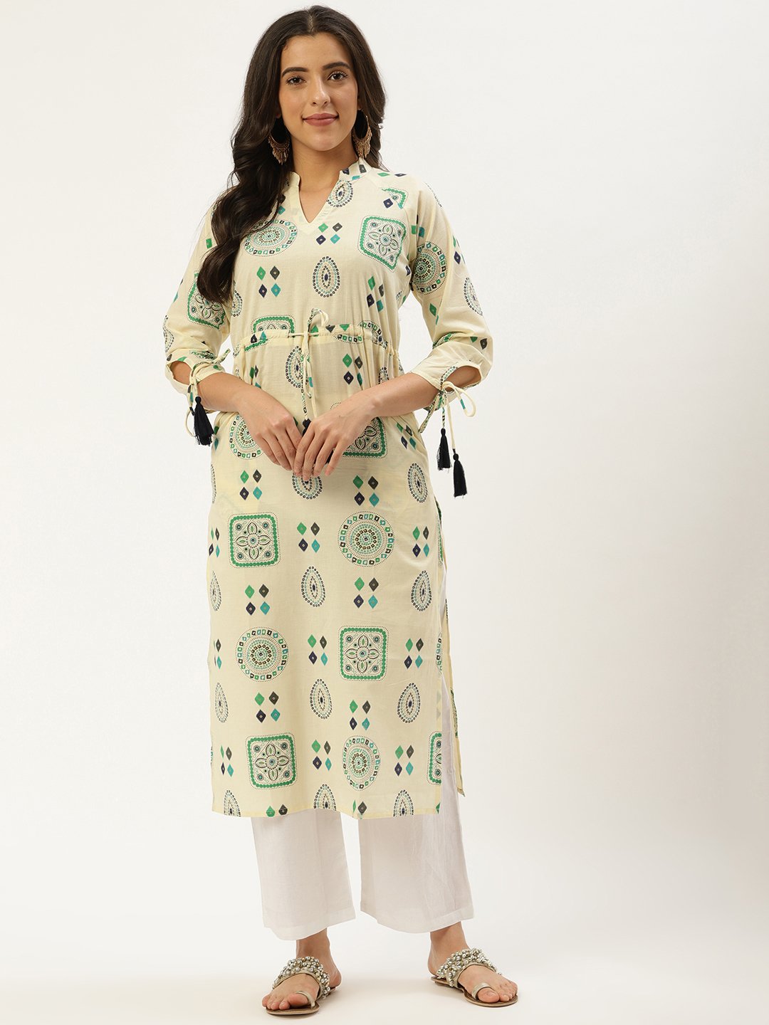 Women Cream Calf Length Long Sleeves A-Line Ethnic Motifs Cotton Kurta | LASVINI - Redefining Indian Fashion with Elegance