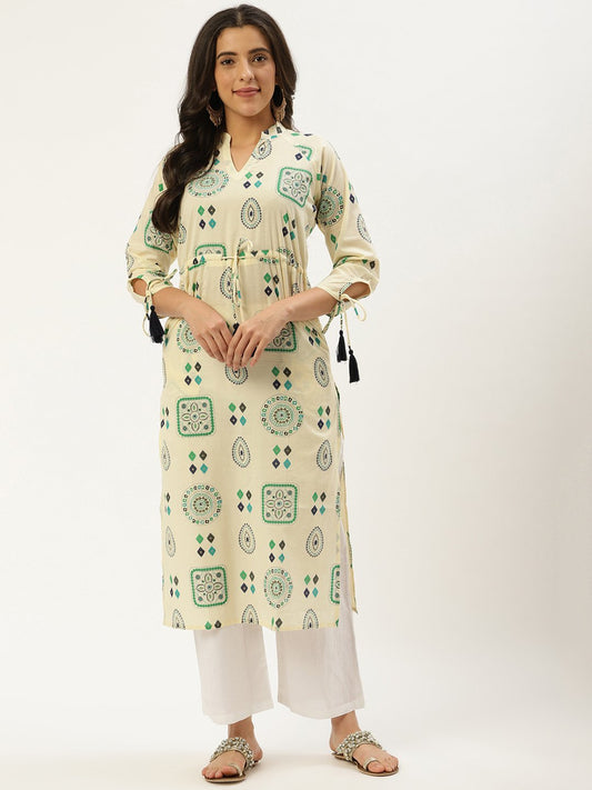 Women Cream Calf Length Long Sleeves A-Line Ethnic Motifs Cotton Kurta | LASVINI - Redefining Indian Fashion with Elegance