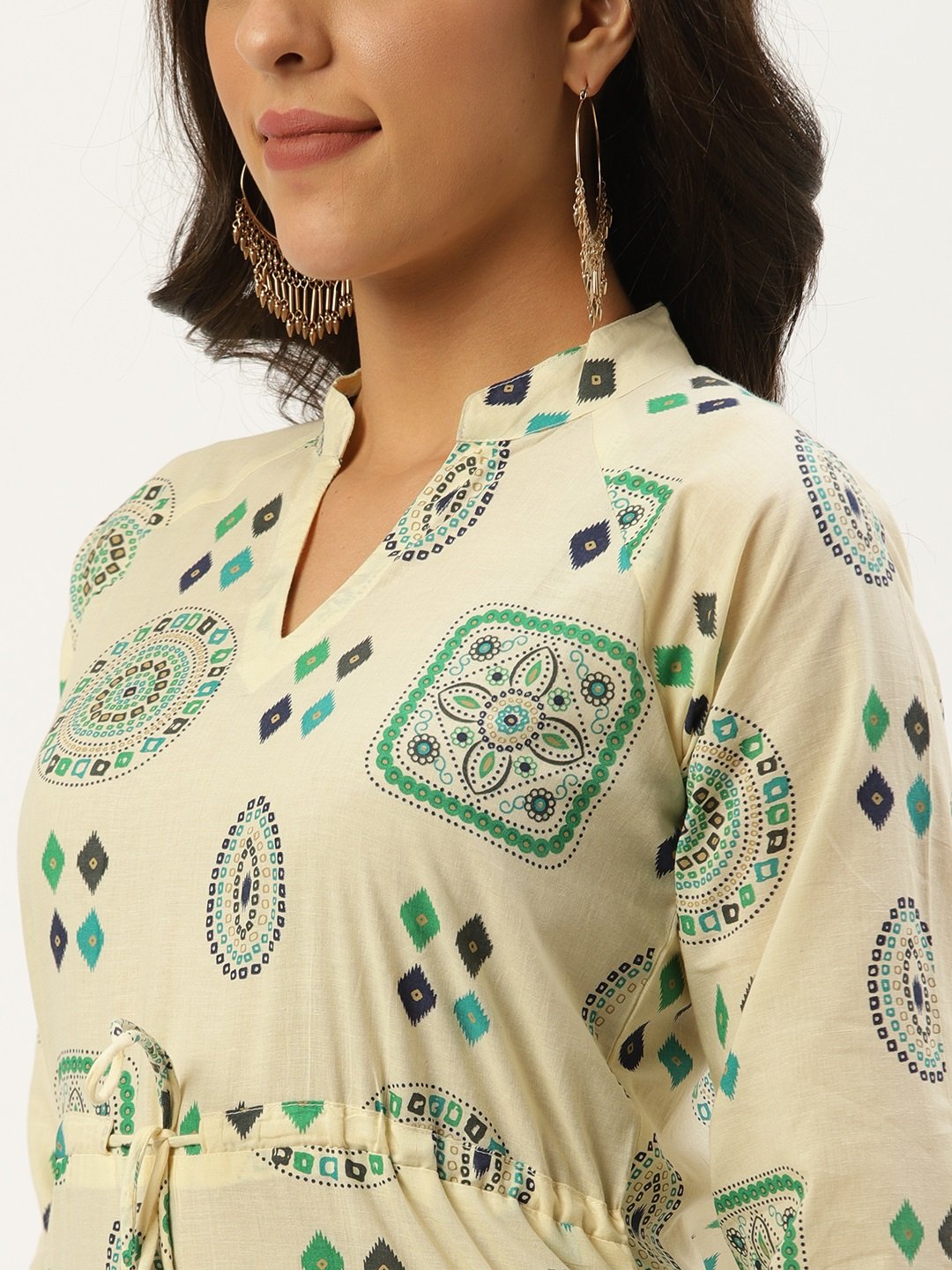 Women Cream Calf Length Long Sleeves A-Line Ethnic Motifs Cotton Kurta | LASVINI - Redefining Indian Fashion with Elegance
