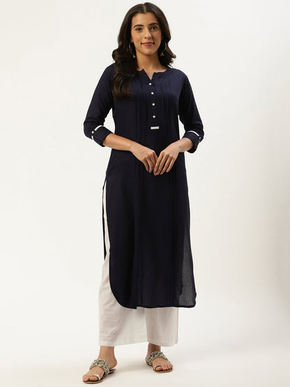 Women Navy Blue Calf Length Three-Quarter Sleeves Straight Solid Viscose Rayon Kurta | LASVINI - Redefining Indian Fashion with Elegance