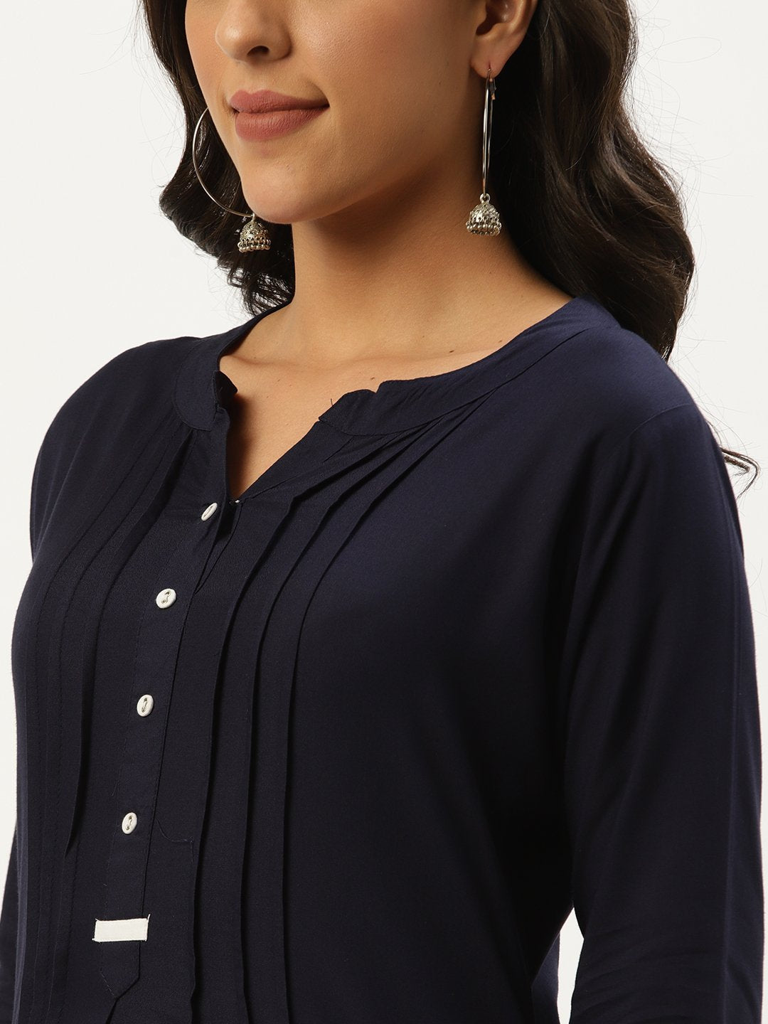 Women Navy Blue Calf Length Three-Quarter Sleeves Straight Solid Viscose Rayon Kurta | LASVINI - Redefining Indian Fashion with Elegance