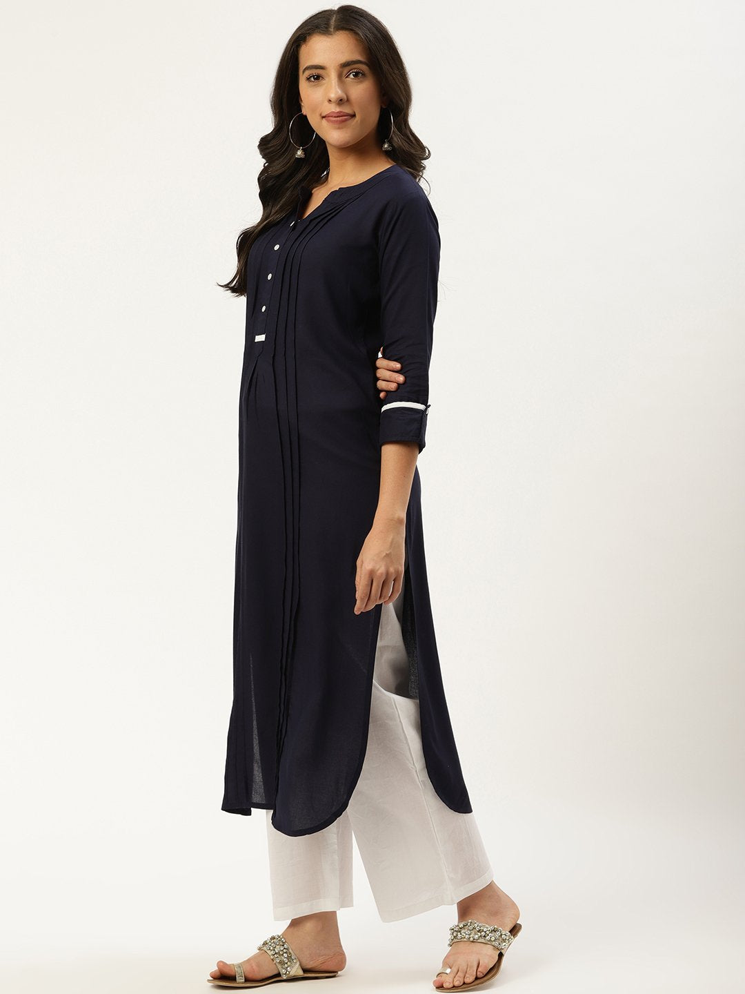 Women Navy Blue Calf Length Three-Quarter Sleeves Straight Solid Viscose Rayon Kurta | LASVINI - Redefining Indian Fashion with Elegance