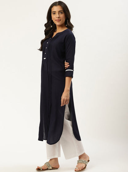 Women Navy Blue Calf Length Three-Quarter Sleeves Straight Solid Viscose Rayon Kurta | LASVINI - Redefining Indian Fashion with Elegance