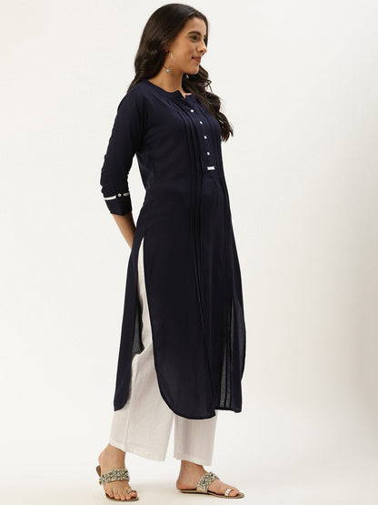 Women Navy Blue Calf Length Three-Quarter Sleeves Straight Solid Viscose Rayon Kurta | LASVINI - Redefining Indian Fashion with Elegance