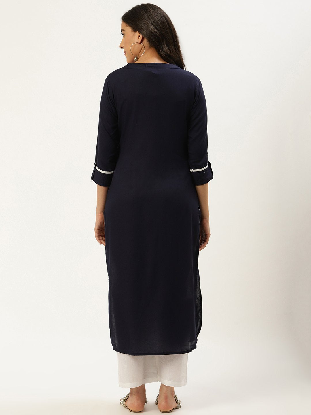 Women Navy Blue Calf Length Three-Quarter Sleeves Straight Solid Viscose Rayon Kurta | LASVINI - Redefining Indian Fashion with Elegance