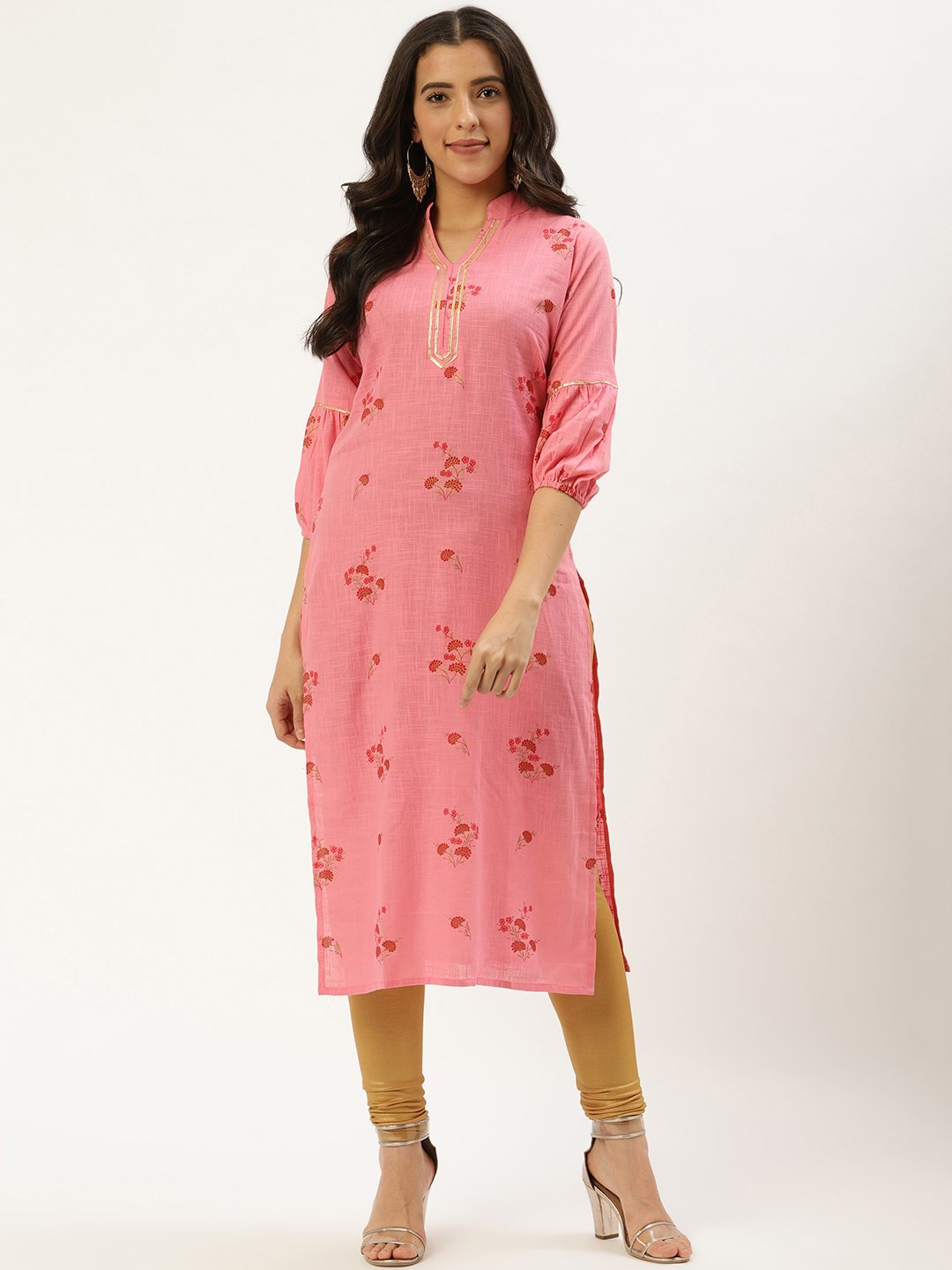 Women Pink Calf Length Three-Quarter Sleeves Straight Floral Cotton Kurta | LASVINI - Redefining Indian Fashion with Elegance