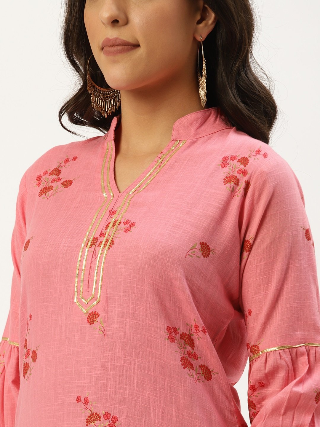 Women Pink Calf Length Three-Quarter Sleeves Straight Floral Cotton Kurta | LASVINI - Redefining Indian Fashion with Elegance