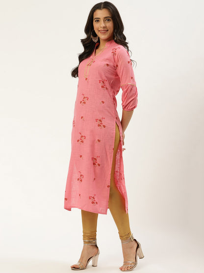 Women Pink Calf Length Three-Quarter Sleeves Straight Floral Cotton Kurta | LASVINI - Redefining Indian Fashion with Elegance