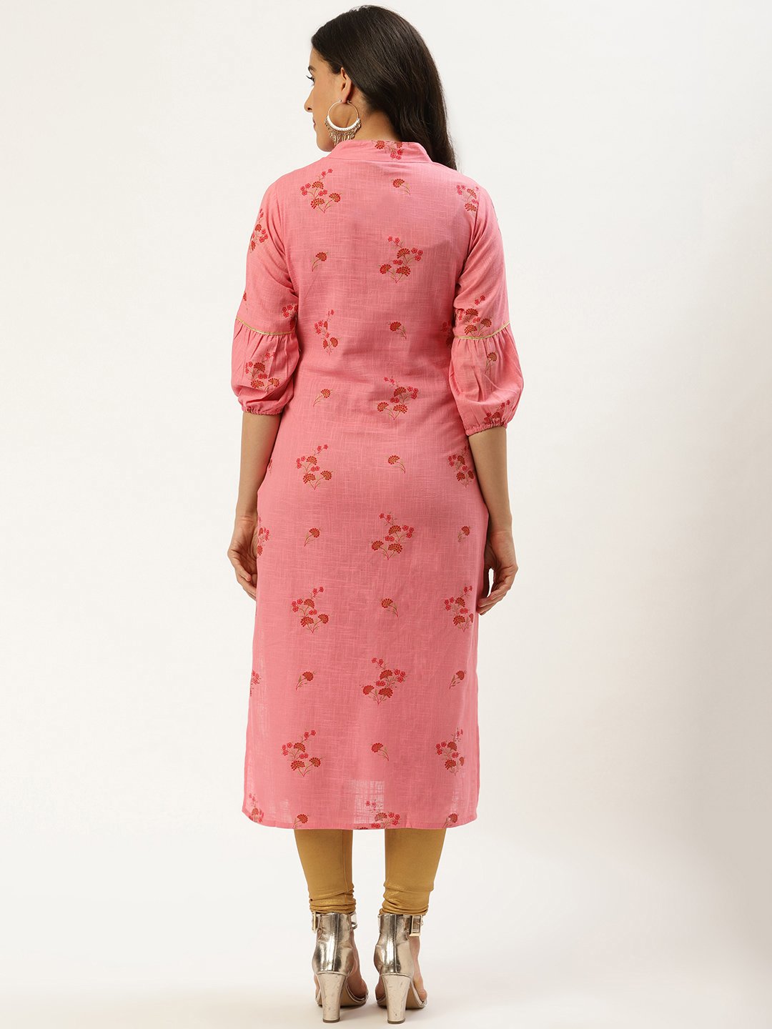 Women Pink Calf Length Three-Quarter Sleeves Straight Floral Cotton Kurta | LASVINI - Redefining Indian Fashion with Elegance