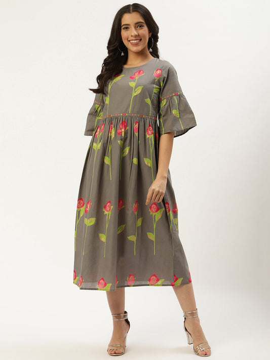 Women Grey Floral Printed Round Neck Cotton A-Line Dress | LASVINI - Redefining Indian Fashion with Elegance