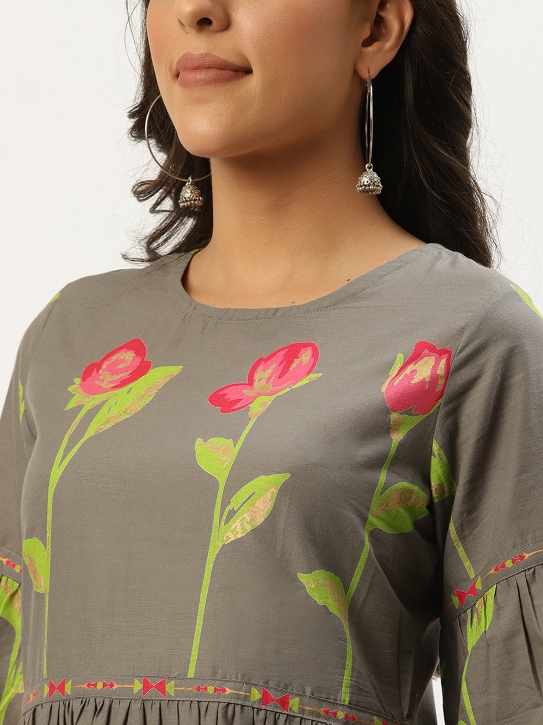 Women Grey Floral Printed Round Neck Cotton A-Line Dress | LASVINI - Redefining Indian Fashion with Elegance