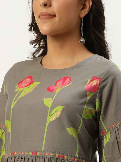 Women Grey Floral Printed Round Neck Cotton A-Line Dress | LASVINI - Redefining Indian Fashion with Elegance
