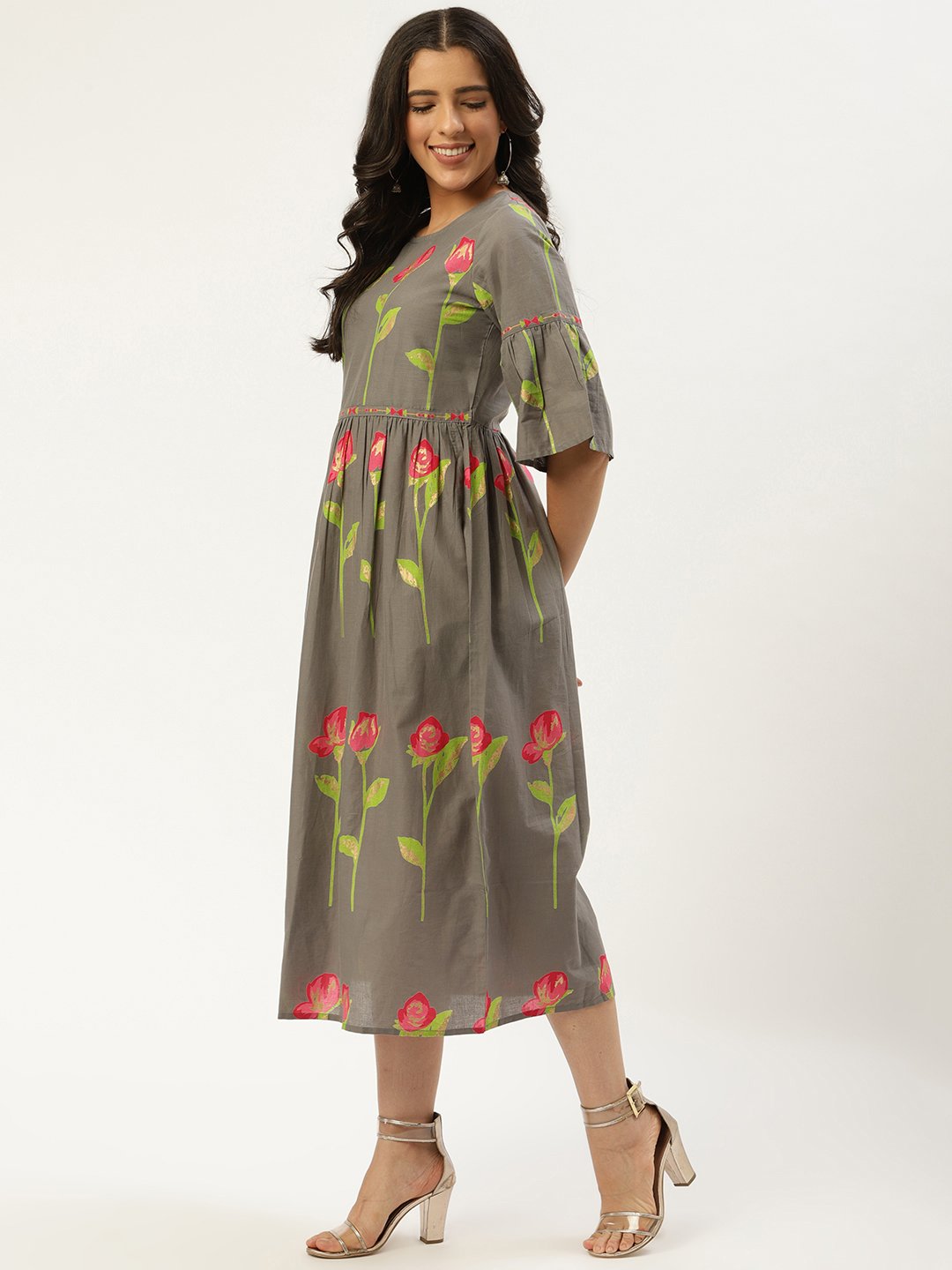 Women Grey Floral Printed Round Neck Cotton A-Line Dress | LASVINI - Redefining Indian Fashion with Elegance