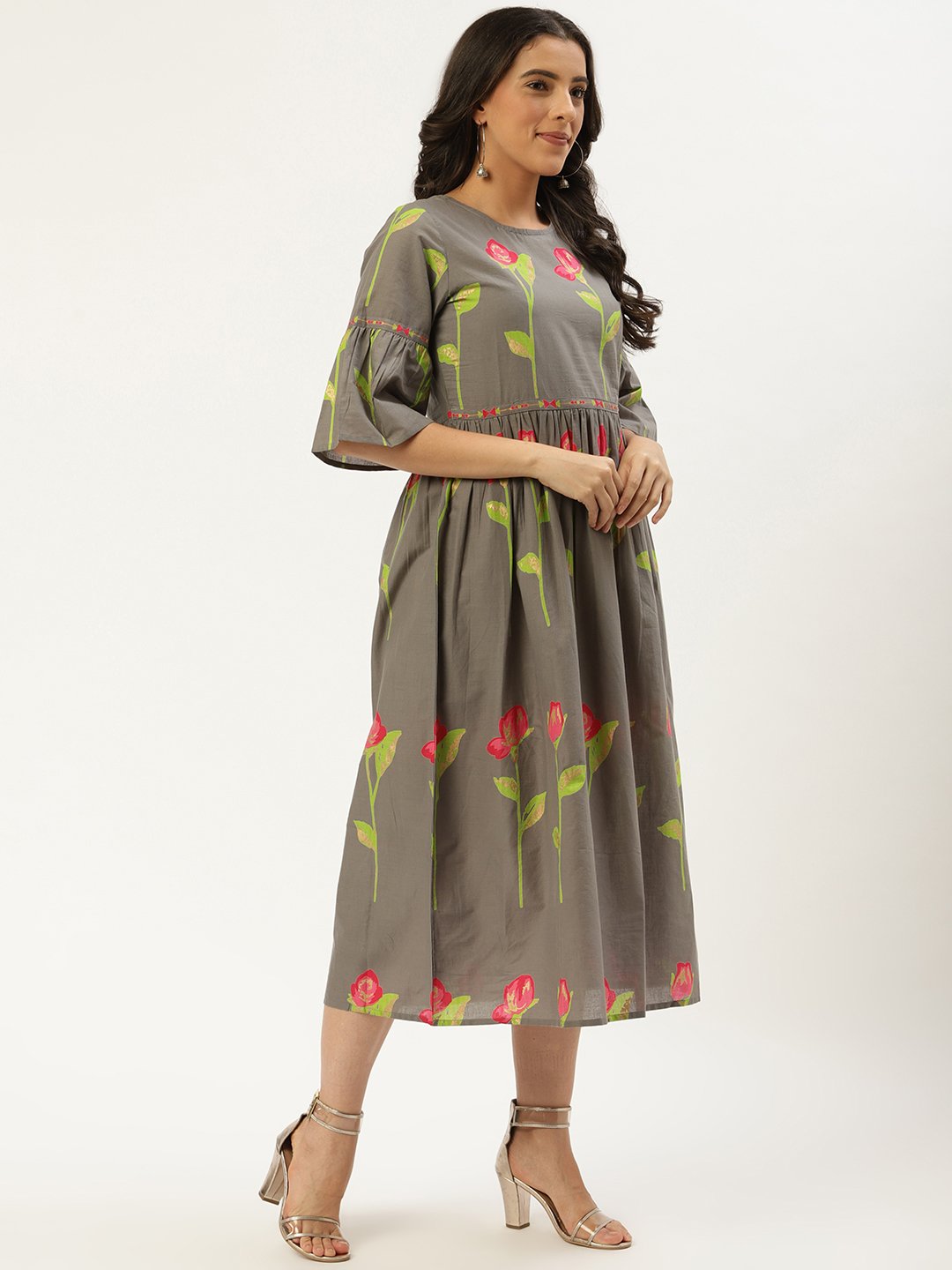 Women Grey Floral Printed Round Neck Cotton A-Line Dress | LASVINI - Redefining Indian Fashion with Elegance