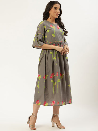 Women Grey Floral Printed Round Neck Cotton A-Line Dress | LASVINI - Redefining Indian Fashion with Elegance