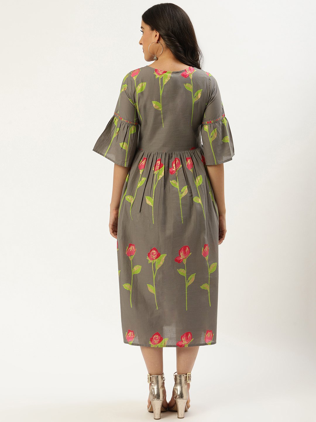 Women Grey Floral Printed Round Neck Cotton A-Line Dress | LASVINI - Redefining Indian Fashion with Elegance