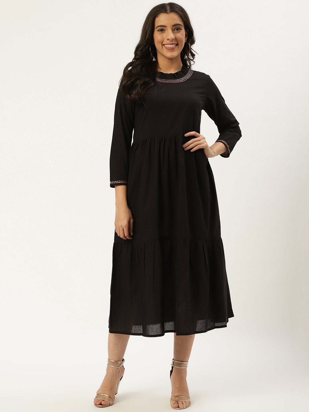 Women Black Solid Solid Round Neck Cotton A-Line Dress | LASVINI - Redefining Indian Fashion with Elegance