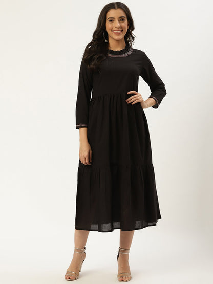 Women Black Solid Solid Round Neck Cotton A-Line Dress | LASVINI - Redefining Indian Fashion with Elegance