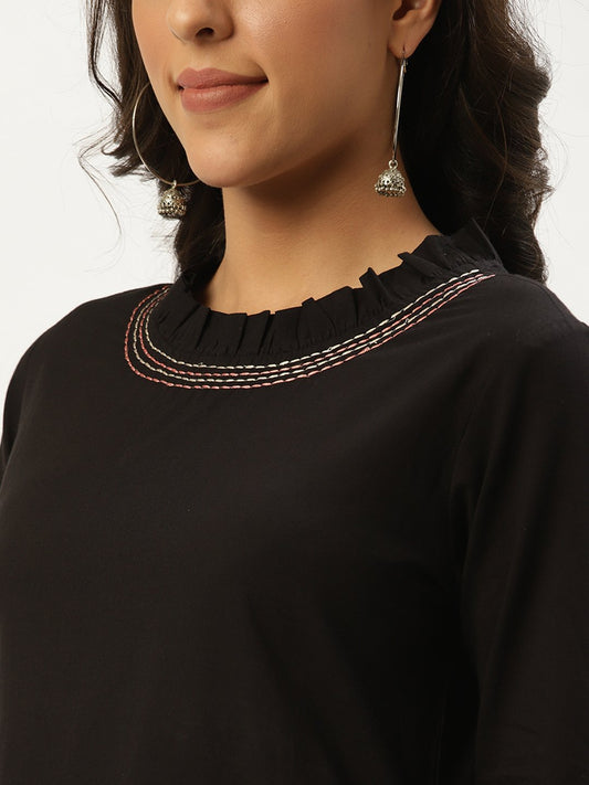 Women Black Solid Solid Round Neck Cotton A-Line Dress | LASVINI - Redefining Indian Fashion with Elegance