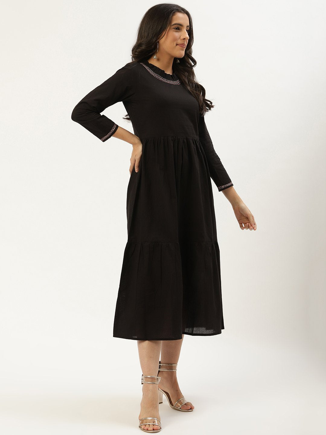 Women Black Solid Solid Round Neck Cotton A-Line Dress | LASVINI - Redefining Indian Fashion with Elegance