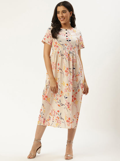Women Yellow Floral Printed Round Neck Cotton A-Line Dress | LASVINI - Redefining Indian Fashion with Elegance