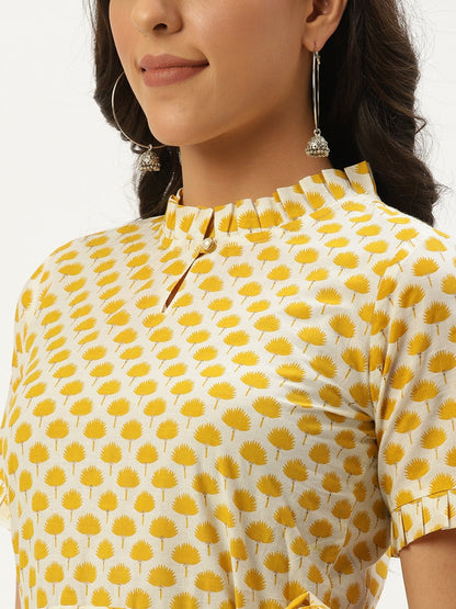 Women White Ethnic Motifs Printed High-Neck Cotton A-Line Dress | LASVINI - Redefining Indian Fashion with Elegance