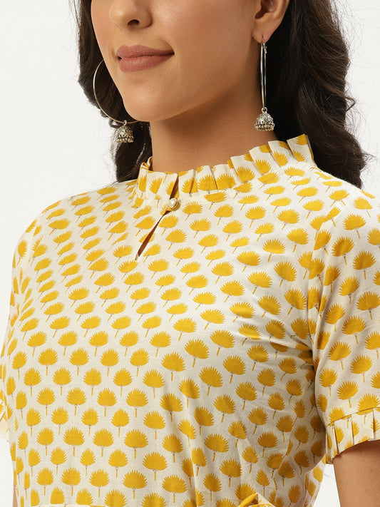 Women White Ethnic Motifs Printed High-Neck Cotton A-Line Dress | LASVINI - Redefining Indian Fashion with Elegance