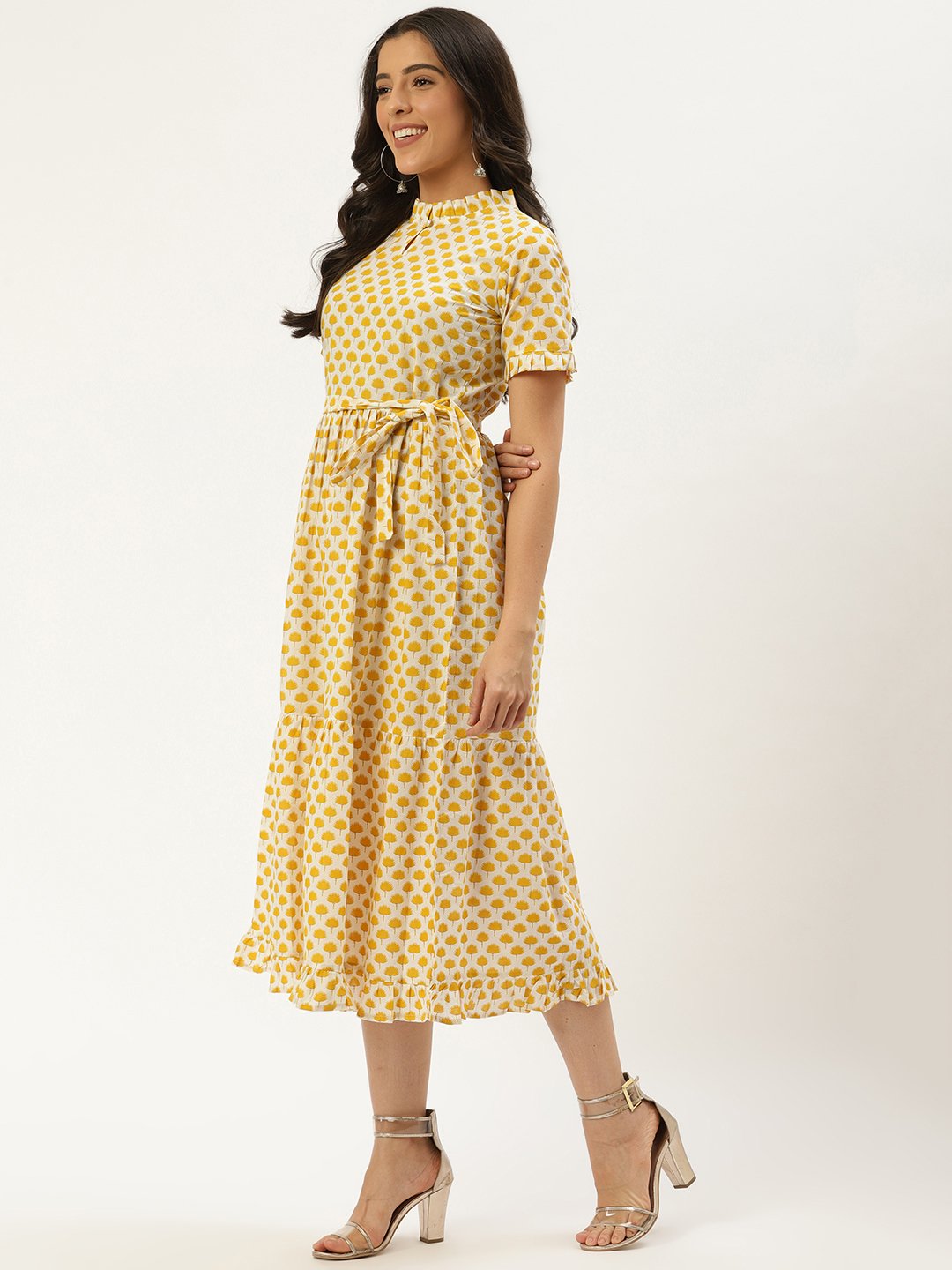 Women White Ethnic Motifs Printed High-Neck Cotton A-Line Dress | LASVINI - Redefining Indian Fashion with Elegance