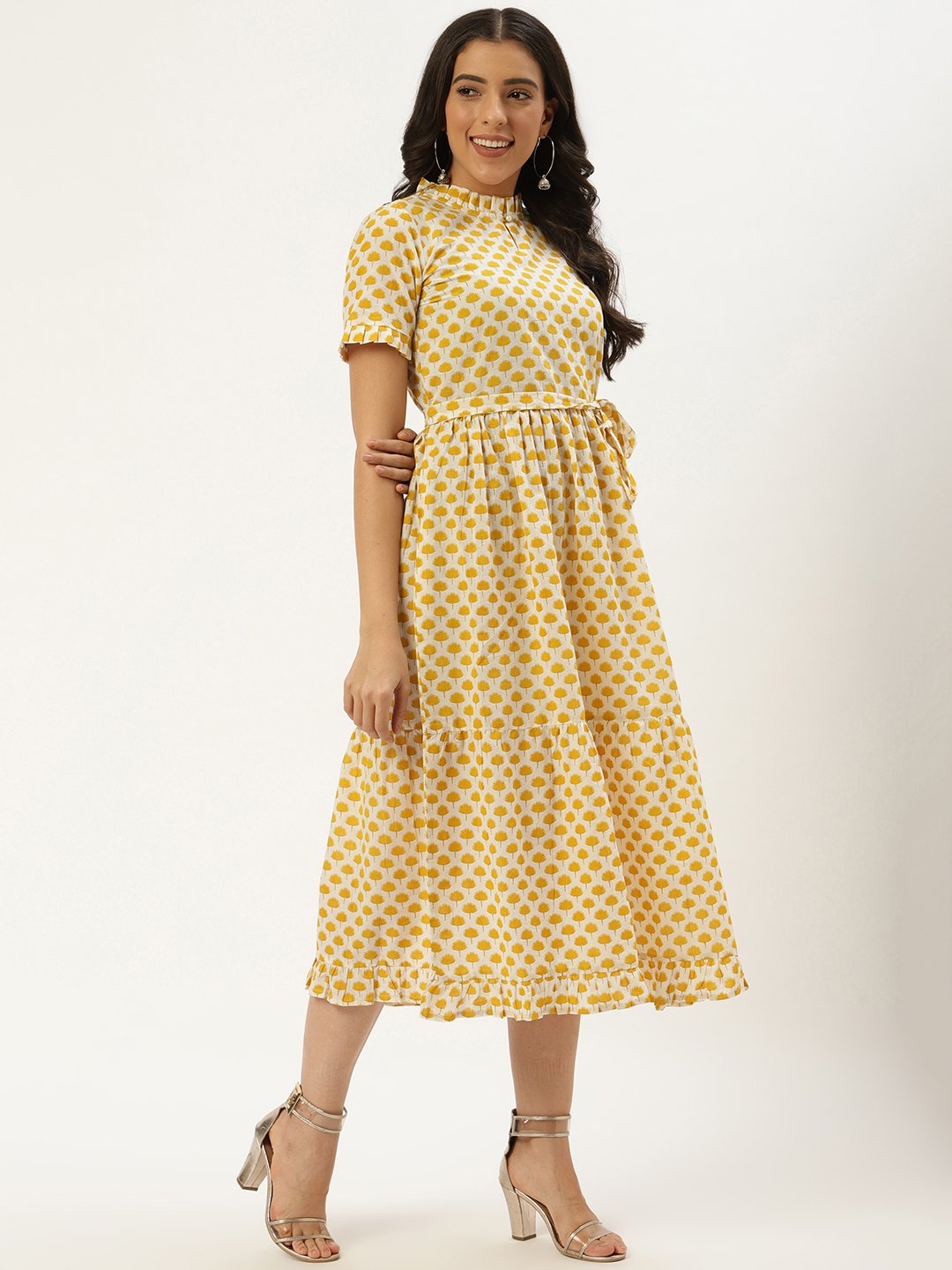 Women White Ethnic Motifs Printed High-Neck Cotton A-Line Dress | LASVINI - Redefining Indian Fashion with Elegance