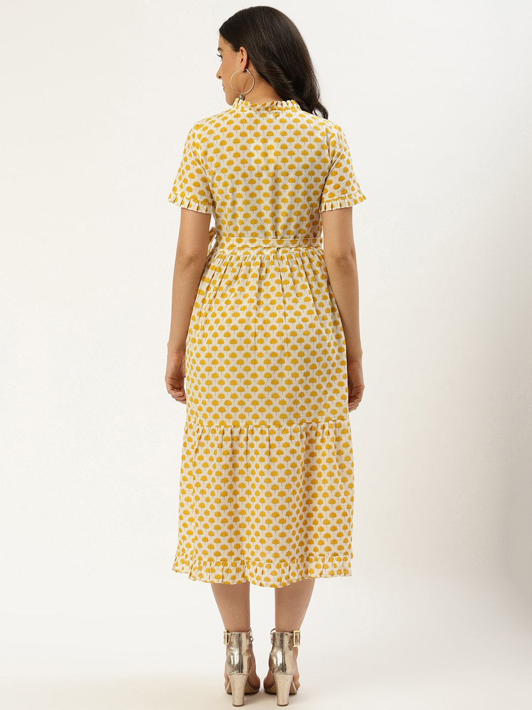 Women White Ethnic Motifs Printed High-Neck Cotton A-Line Dress | LASVINI - Redefining Indian Fashion with Elegance