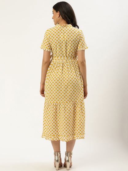 Women White Ethnic Motifs Printed High-Neck Cotton A-Line Dress | LASVINI - Redefining Indian Fashion with Elegance