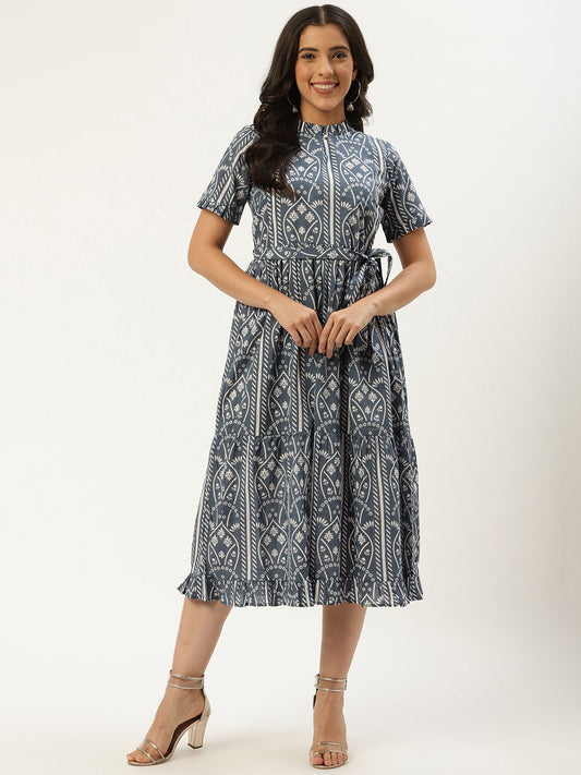 Women Blue Ethnic Motifs Printed High-Neck Cotton A-Line Dress | LASVINI - Redefining Indian Fashion with Elegance