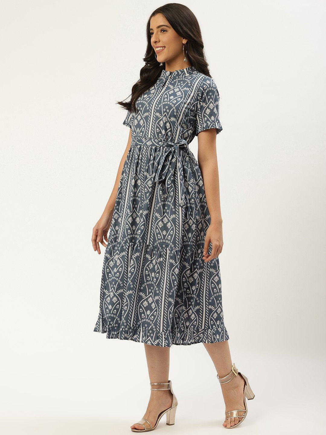 Women Blue Ethnic Motifs Printed High-Neck Cotton A-Line Dress | LASVINI - Redefining Indian Fashion with Elegance