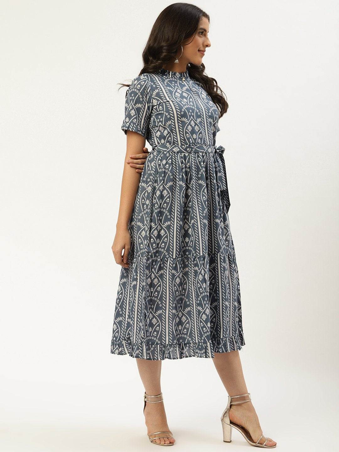 Women Blue Ethnic Motifs Printed High-Neck Cotton A-Line Dress | LASVINI - Redefining Indian Fashion with Elegance