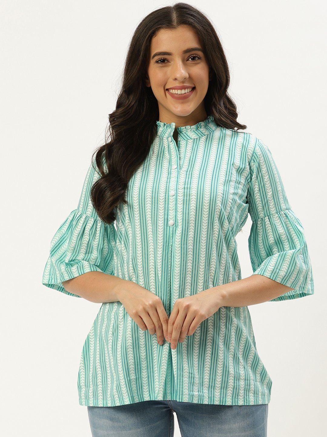 Women Aqua Green Three-Quarter Sleeves Gathered Or Pleated Top | LASVINI - Redefining Indian Fashion with Elegance