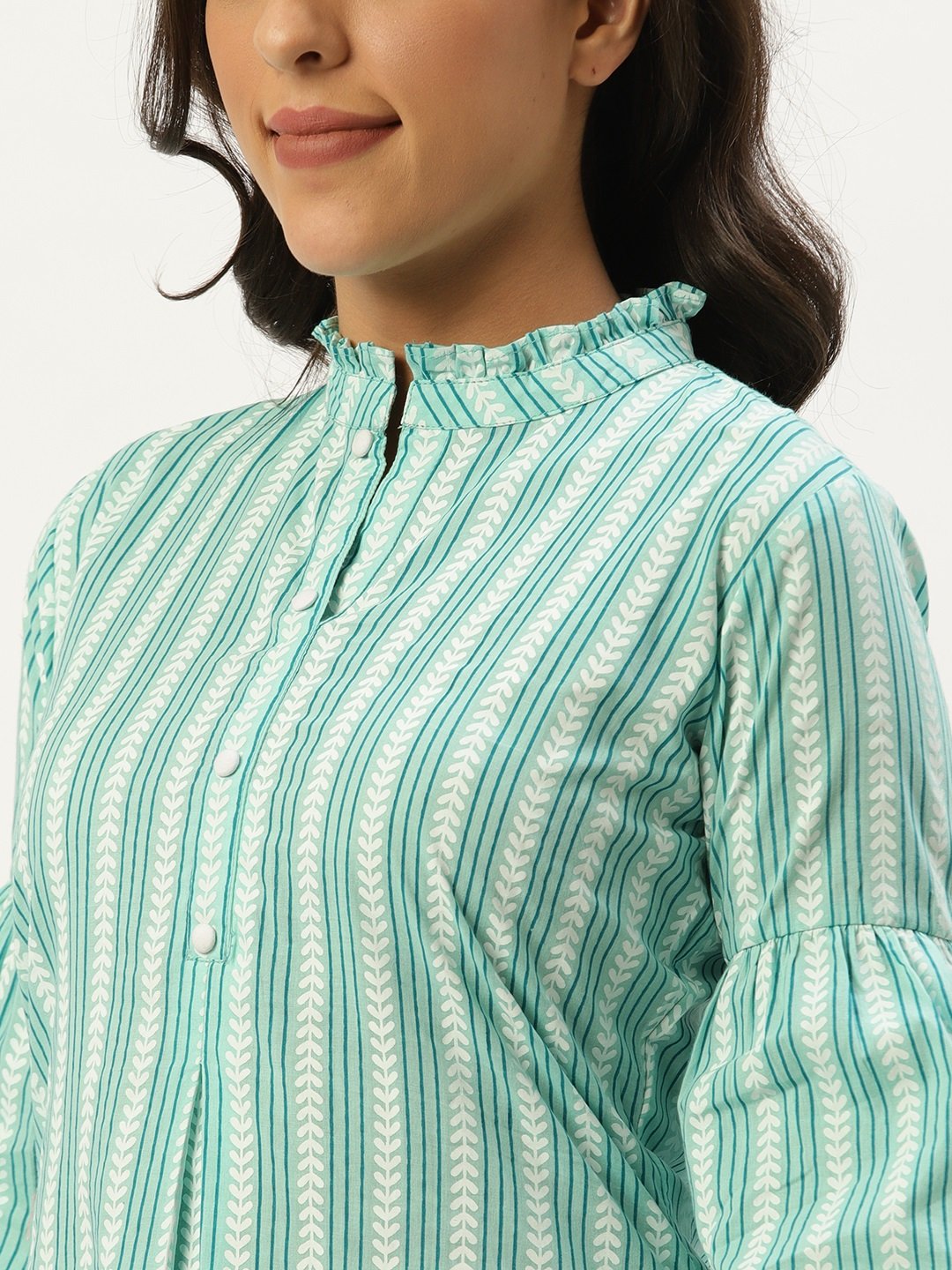 Women Aqua Green Three-Quarter Sleeves Gathered Or Pleated Top | LASVINI - Redefining Indian Fashion with Elegance