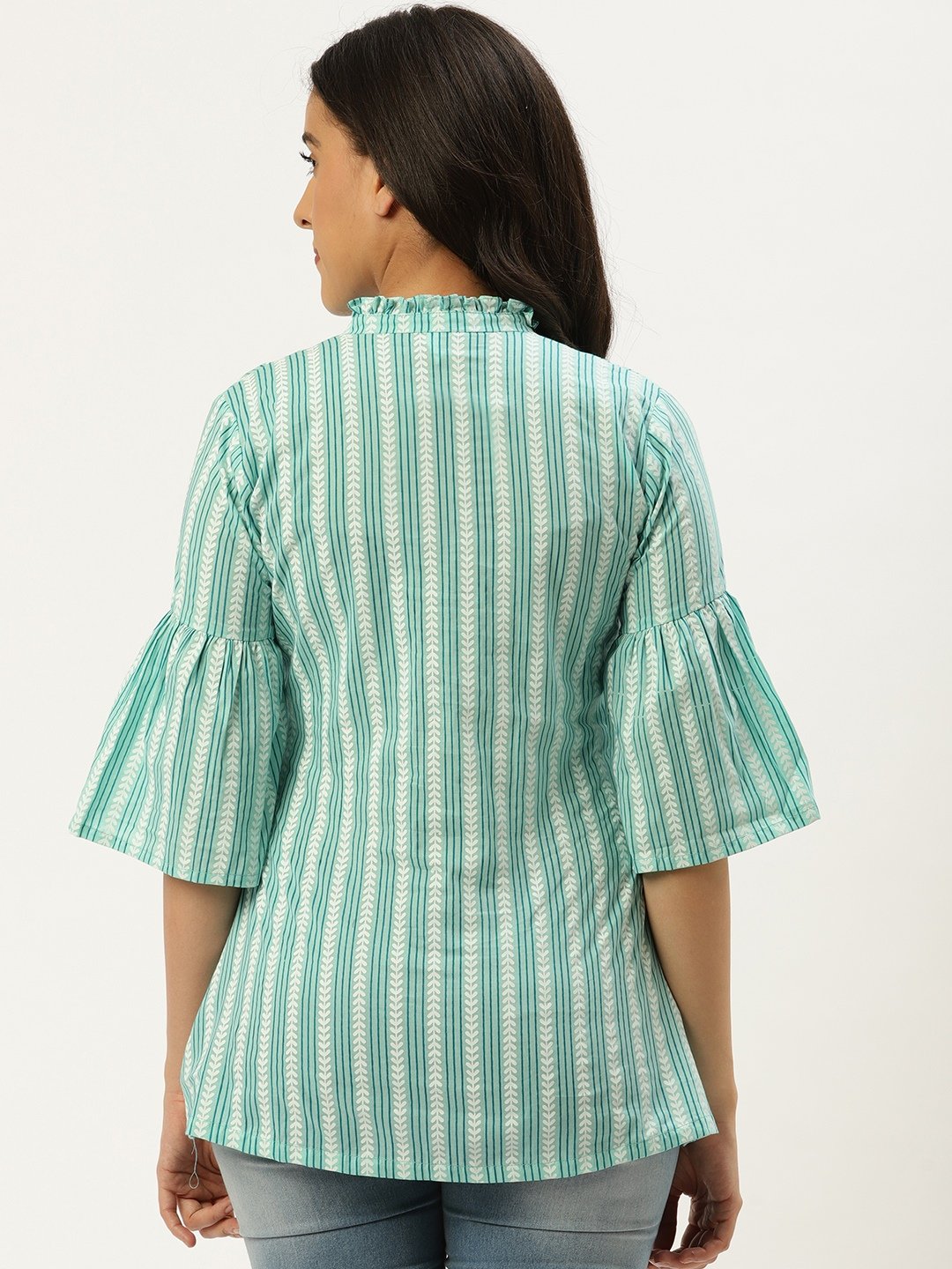 Women Aqua Green Three-Quarter Sleeves Gathered Or Pleated Top | LASVINI - Redefining Indian Fashion with Elegance