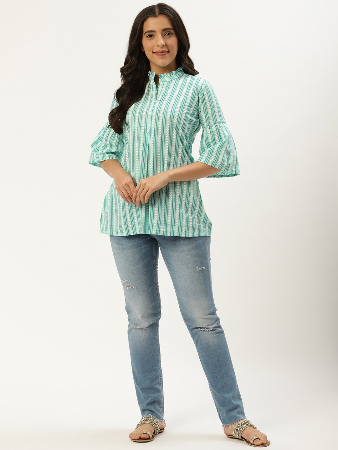 Women Aqua Green Three-Quarter Sleeves Gathered Or Pleated Top | LASVINI - Redefining Indian Fashion with Elegance