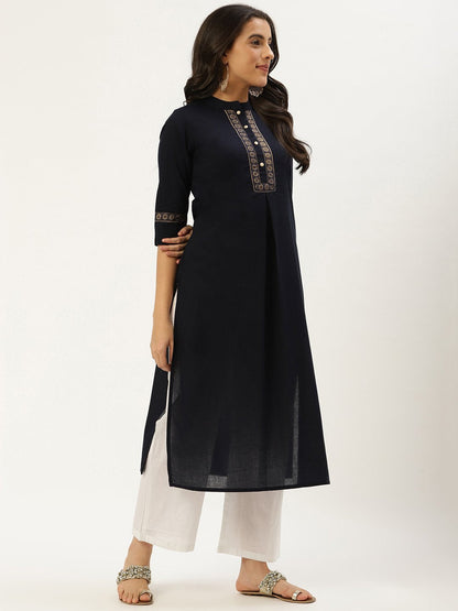 Women Navy Blue Calf Length Three-Quarter Sleeves Straight Solid Cotton Kurta | LASVINI - Redefining Indian Fashion with Elegance