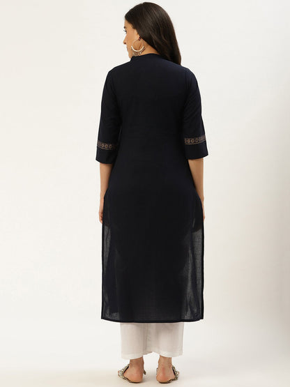 Women Navy Blue Calf Length Three-Quarter Sleeves Straight Solid Cotton Kurta | LASVINI - Redefining Indian Fashion with Elegance