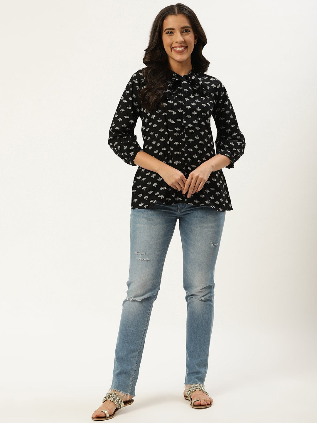 Women Black Three-Quarter Sleeves Gathered Or Pleated Top | LASVINI - Redefining Indian Fashion with Elegance