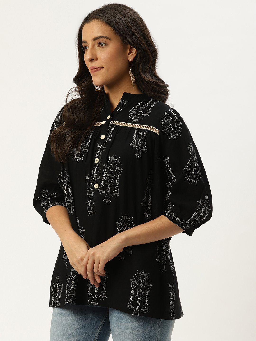 Women Black Three-Quarter Sleeves Gathered Or Pleated Top | LASVINI - Redefining Indian Fashion with Elegance
