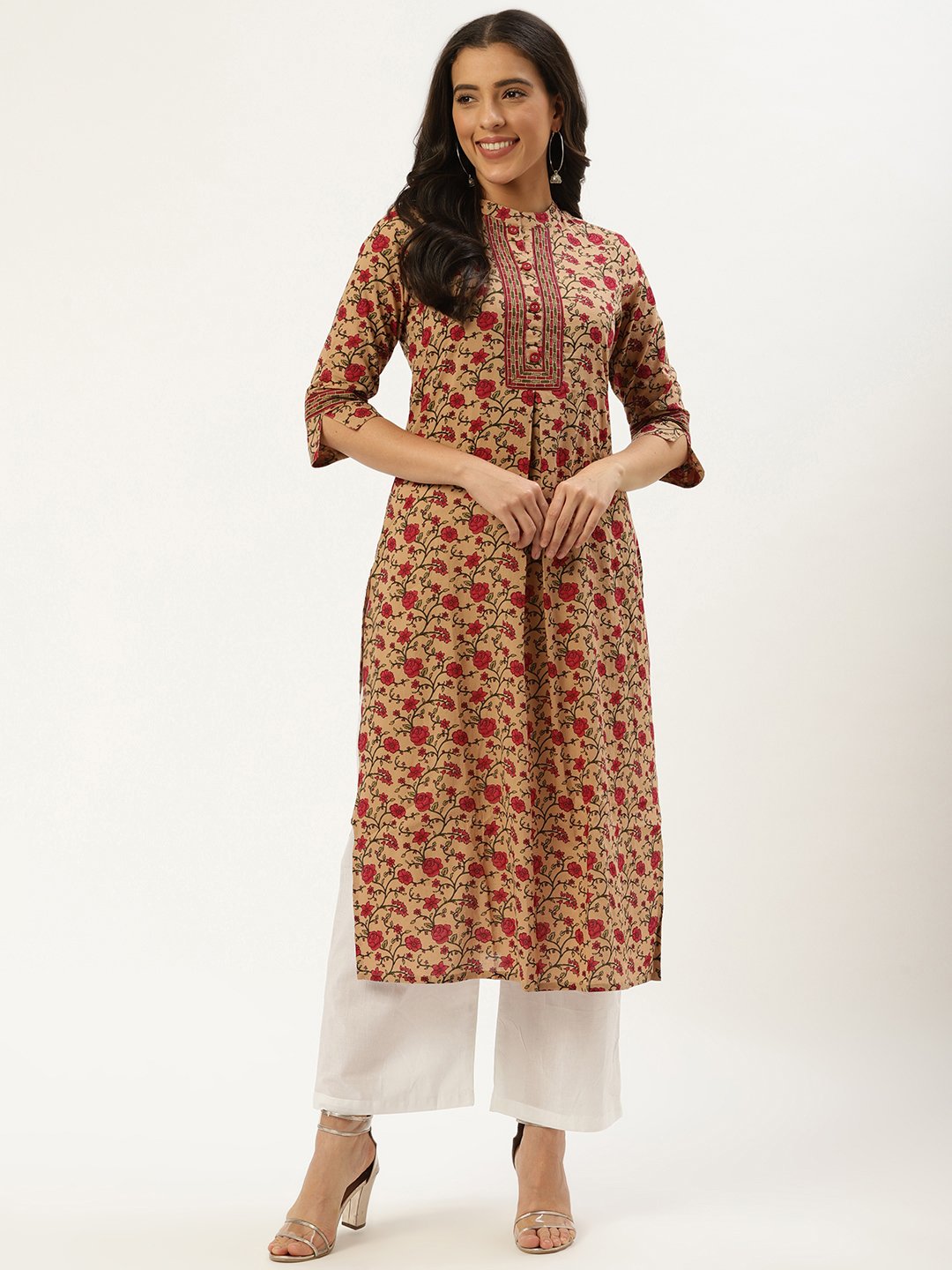 Women Beige Calf Length Three-Quarter Sleeves Straight Floral Cotton Kurta | LASVINI - Redefining Indian Fashion with Elegance