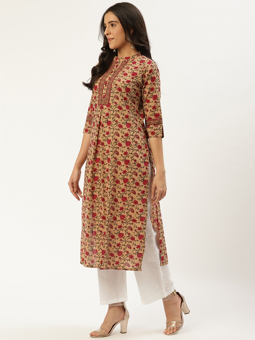 Women Beige Calf Length Three-Quarter Sleeves Straight Floral Cotton Kurta | LASVINI - Redefining Indian Fashion with Elegance