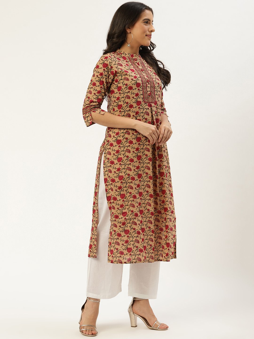 Women Beige Calf Length Three-Quarter Sleeves Straight Floral Cotton Kurta | LASVINI - Redefining Indian Fashion with Elegance