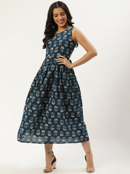Women Indigo Blue Floral Printed V-Neck Cotton A-Line Dress | LASVINI - Redefining Indian Fashion with Elegance