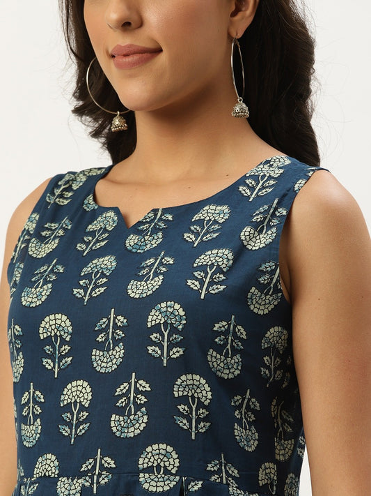 Women Indigo Blue Floral Printed V-Neck Cotton A-Line Dress | LASVINI - Redefining Indian Fashion with Elegance